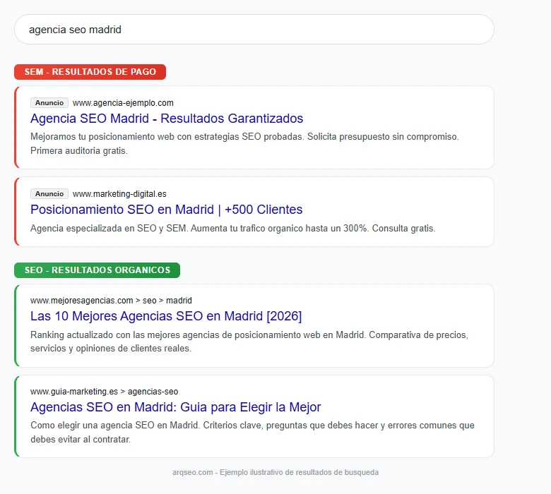 Ejemplo de resultados de Google mostrando anuncios SEM y resultados organicos SEO