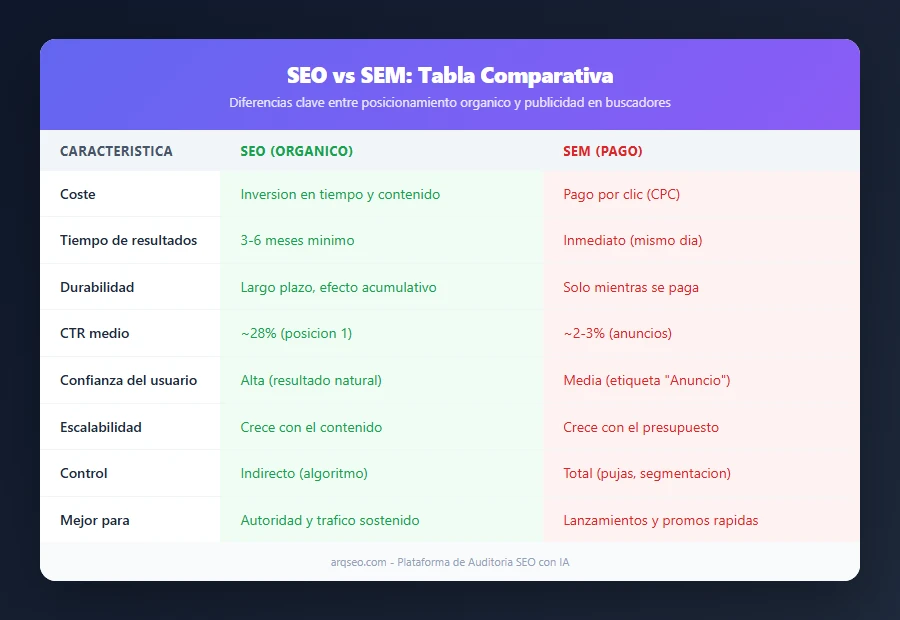 Tabla comparativa SEO vs SEM con diferencias clave