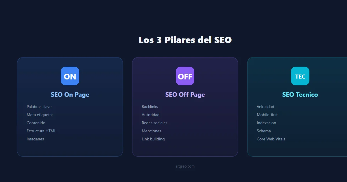 Los tres pilares del SEO: On Page, Off Page y SEO Técnico con sus principales elementos