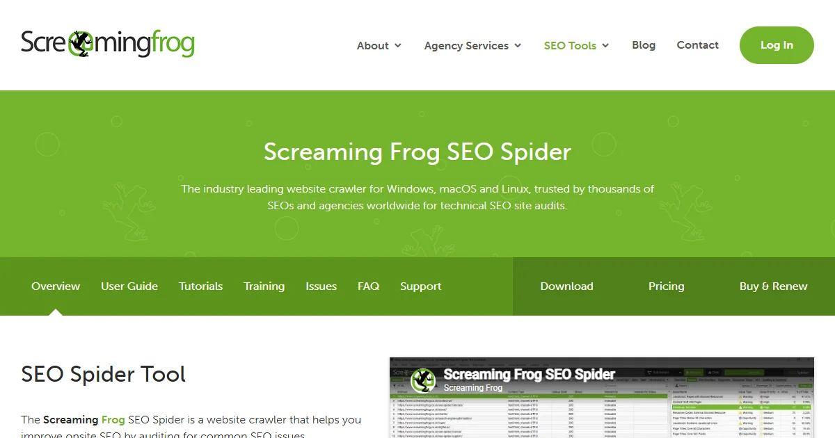 Página principal de Screaming Frog SEO Spider — herramienta SEO profesional
