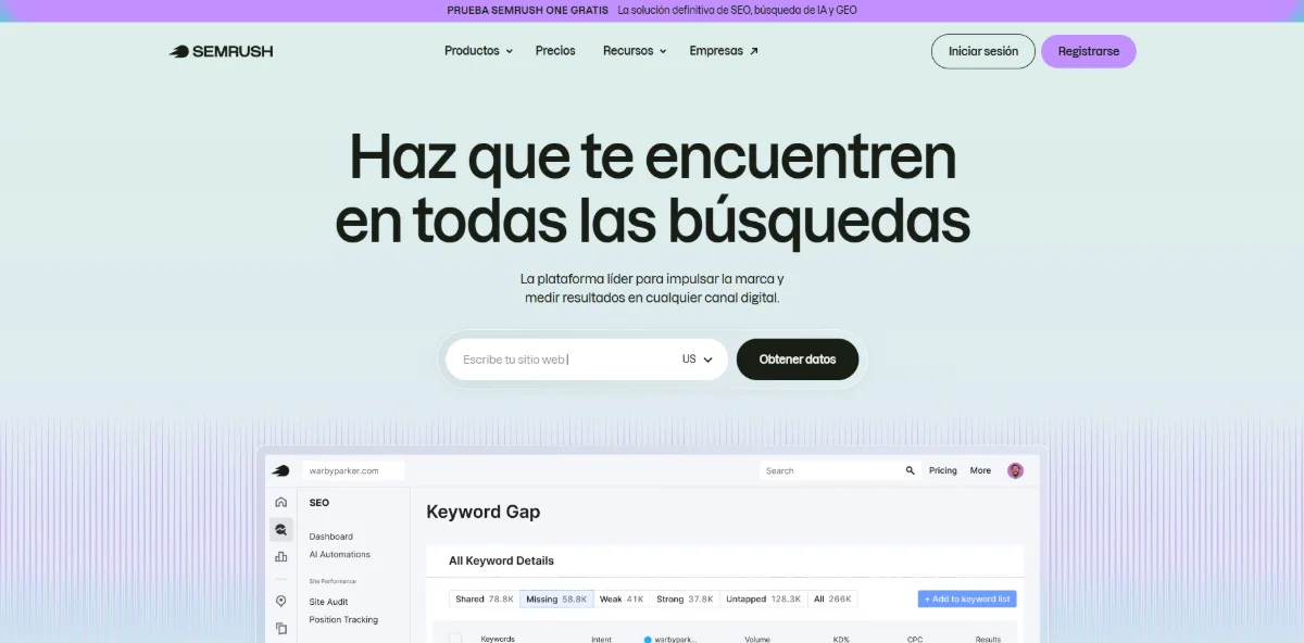 Página principal de Semrush — herramienta SEO profesional