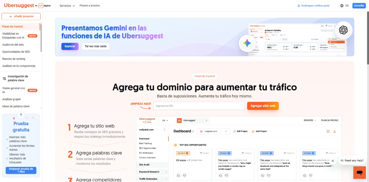 Página principal de Ubersuggest — herramienta SEO profesional