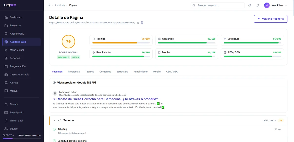 Diagnóstico SEO completo de cualquier página con ARQSEO